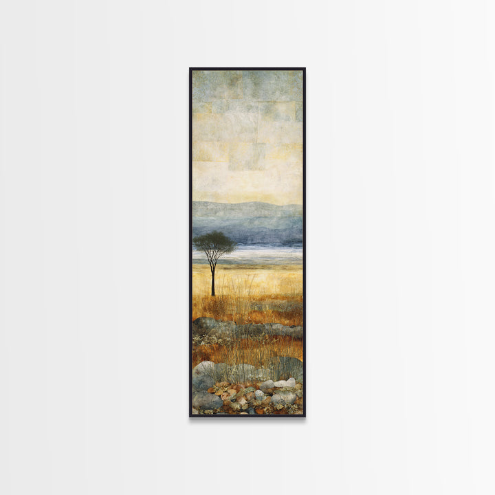 Wide Savanna with Acacia Silhouette Framed Canvas Print, Landscape Art, Living Room Wall Art, Living Room Decor, Oil Painting, LAN-1x3-79