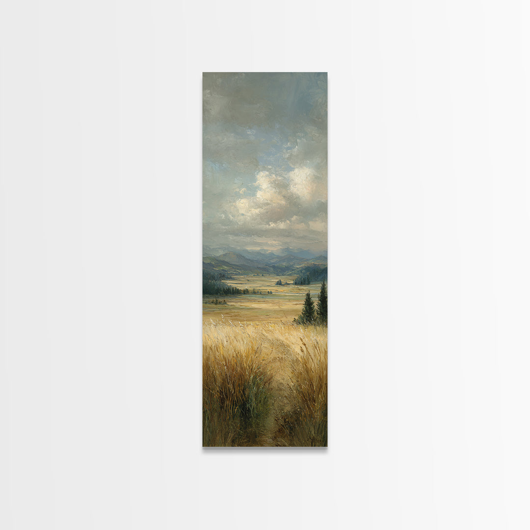 Golden Wheat Field Beneath Huge Clouds Framed Canvas Print, Landscape Art, Living Room Decor, Oil Painting, Horizon, Modern Art, LAN-1x3-84