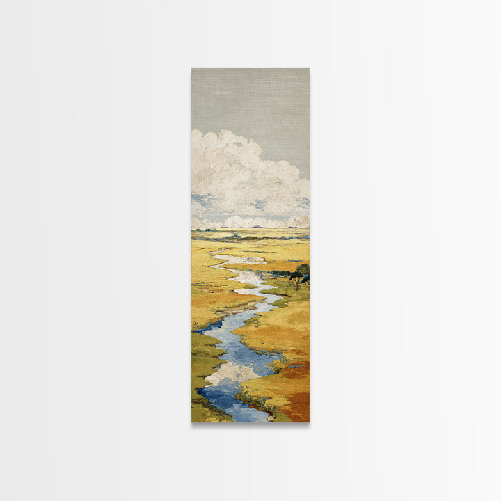 Winding River Through Golden Fields Canvas Print, Landscape Art, Contemporary Art, Living Room Decor, Fine Art, Horizon, LAN-1x3-86