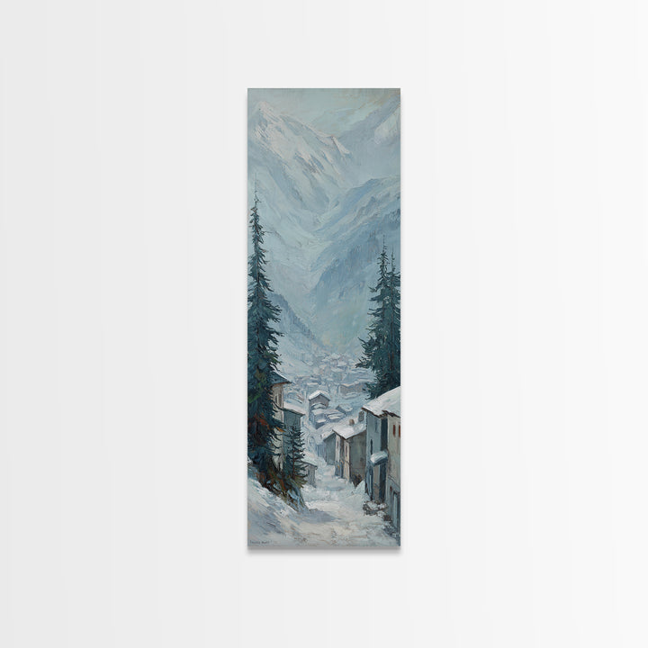 Snow Covered Alpine Village at Dusk Framed Canvas Print, Landscape Art, Boho Decor, Living Room Decor, Fine Art, Horizon, LAN-1x3-91