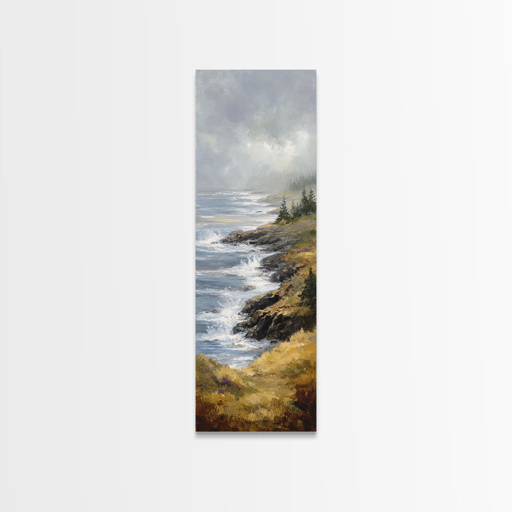 Coastal Cliffs with Crashing Waves Framed Canvas Print, Landscape Art, Modern Wall Art, Living Room Decor, Watercolor Art, LAN-1x3-92