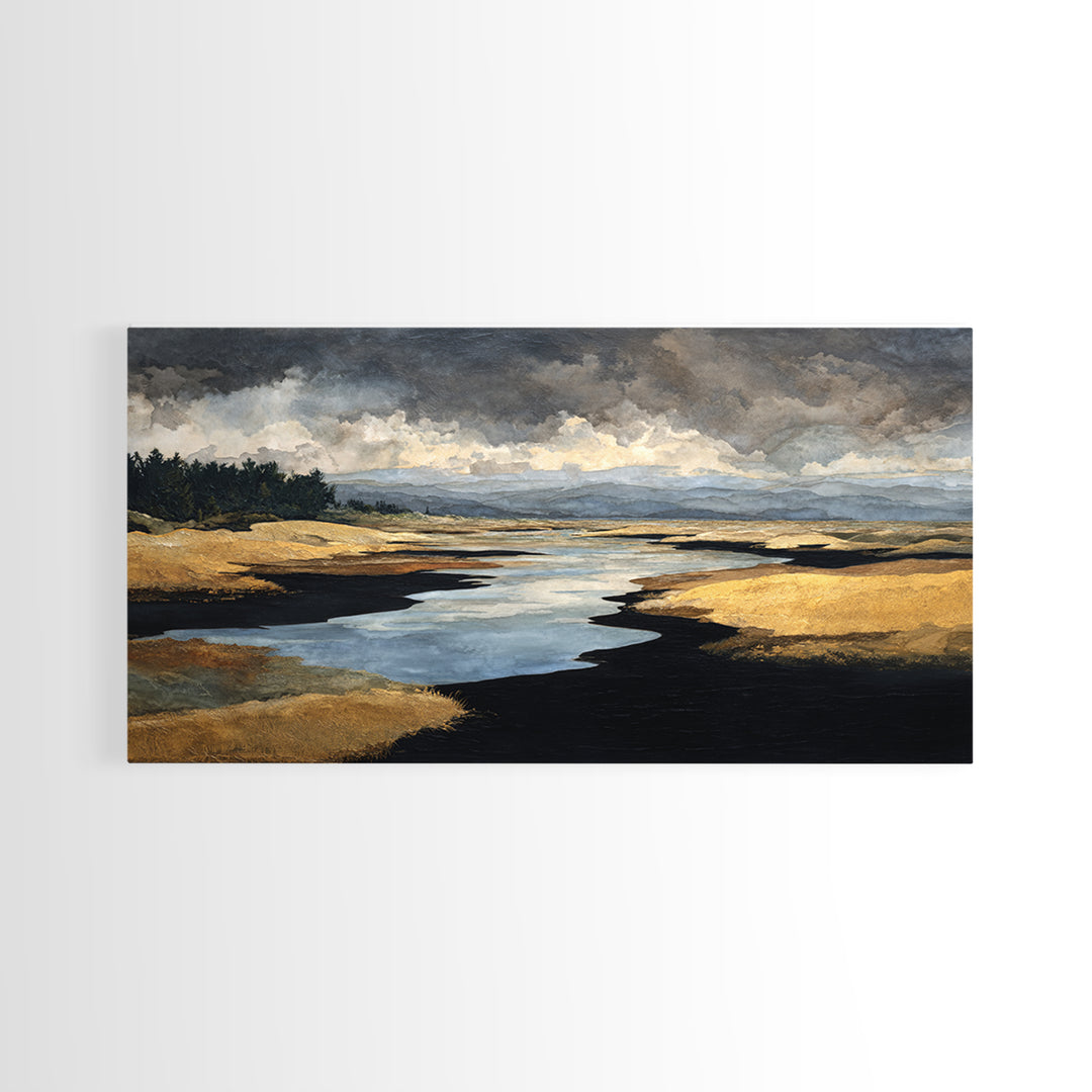 Volcanic Black Beach Framed Canvas Print, Landscape Art, Contemporary Art, Living Room Decor, Fine Art, Horizon, Original Art, LAN-2x1-10