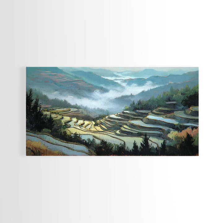 Rice Terraces Glowing Framed Canvas Print, Landscape Art, Luxury Decor, Living Room Decor, Fine Art, Horizon, Digital Art, LAN-2x1-14
