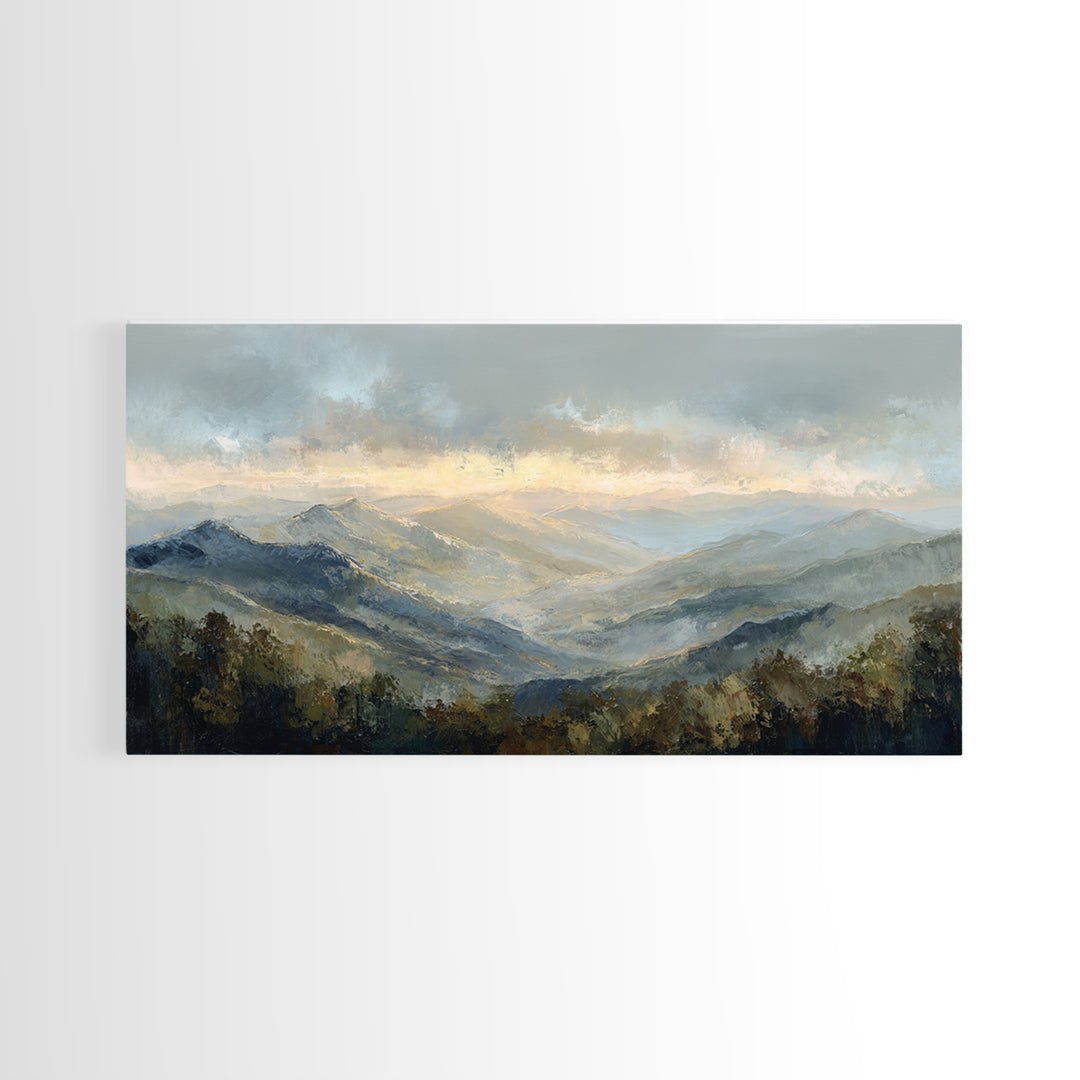 Misty Mountain Valley at Sunrise Canvas Print, Landscape Art, Digital Art, Living Room Decor, Fine Art, Horizon, Boho Wall Art, LAN-2x1-21