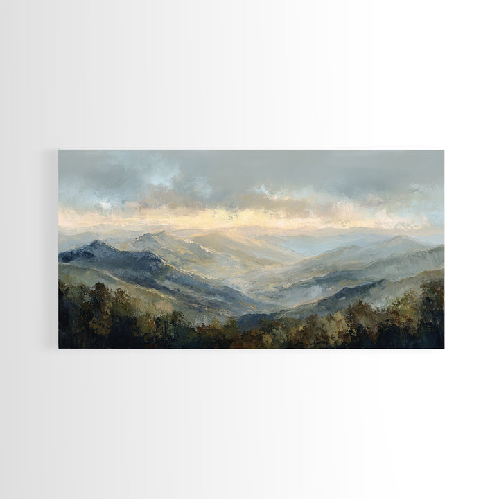 Misty Mountain Valley at Sunrise Canvas Print, Landscape Art, Digital Art, Living Room Decor, Fine Art, Horizon, Boho Wall Art, LAN-2x1-21