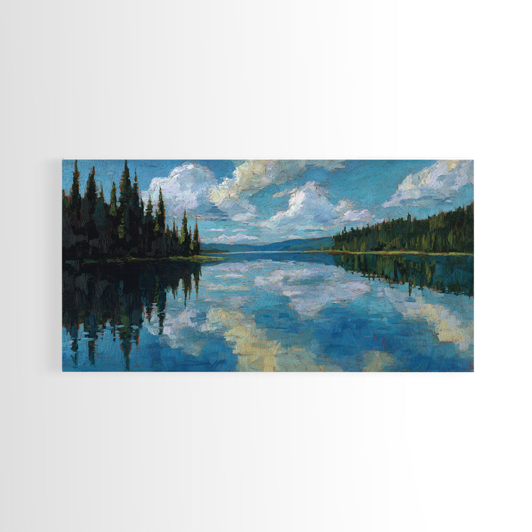 Quiet Lake Reflecting Pine Forest Framed Canvas Print, Landscape Art, Minimalist Decor, Living Room Decor, Oil Painting, LAN-2x1-24