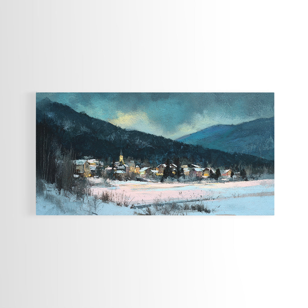Snow Covered Alpine Village at Dusk Framed Canvas Print, Landscape Art, Boho Decor, Living Room Decor, Fine Art, Horizon, LAN-2x1-27