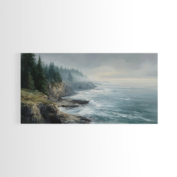 Coastal Cliffs with Crashing Waves Framed Canvas Print, Landscape Art, Contemporary Art, Living Room Decor, Fine Art, Horizon, LAN-2x1-28