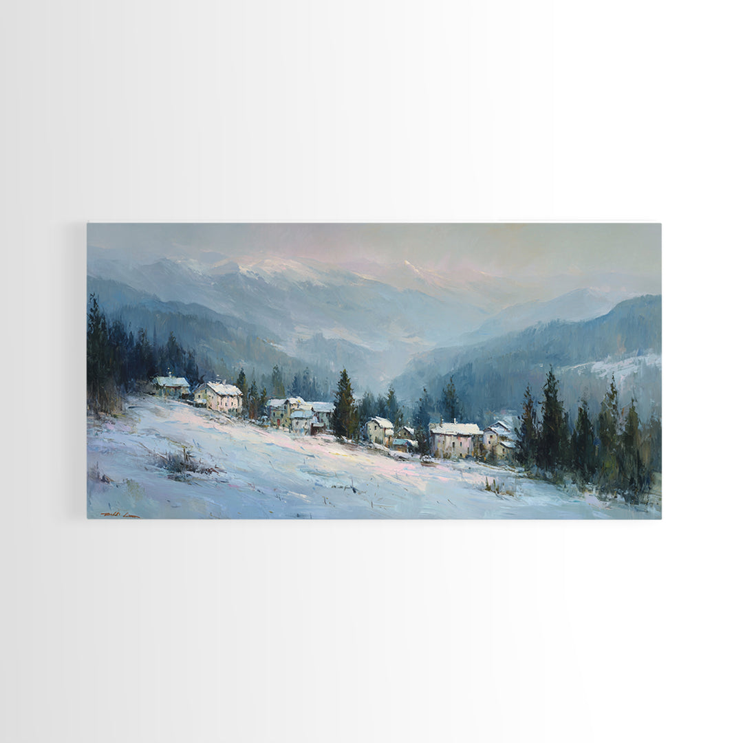 Snow Covered Alpine Village at Dusk Framed Canvas Print, Landscape Art, Framed Wall Art, Living Room Decor, Oil Painting, LAN-2x1-3