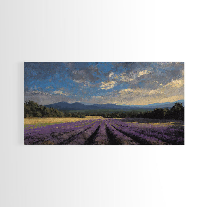 Lavender Field Leading to Distant Hills Framed Canvas Print, Landscape Art, Minimalist Decor, Living Room Decor, Oil Painting, LAN-2x1-30