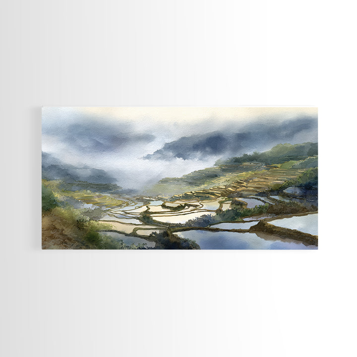Rice Terraces Glowing Framed Canvas Print, Landscape Art, Luxury Decor, Living Room Decor, Fine Art, Horizon, Digital Art, LAN-2x1-38