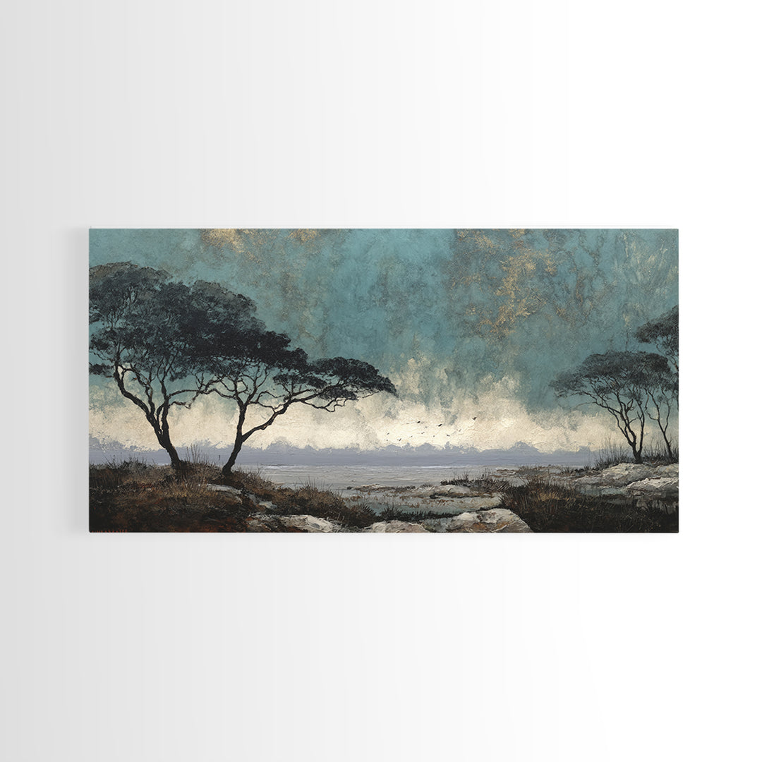 Wide Savanna with Acacia Silhouette Canvas Print, Landscape Art, Digital Art, Living Room Decor, Horizon, Boho Wall Art, LAN-2x1-39