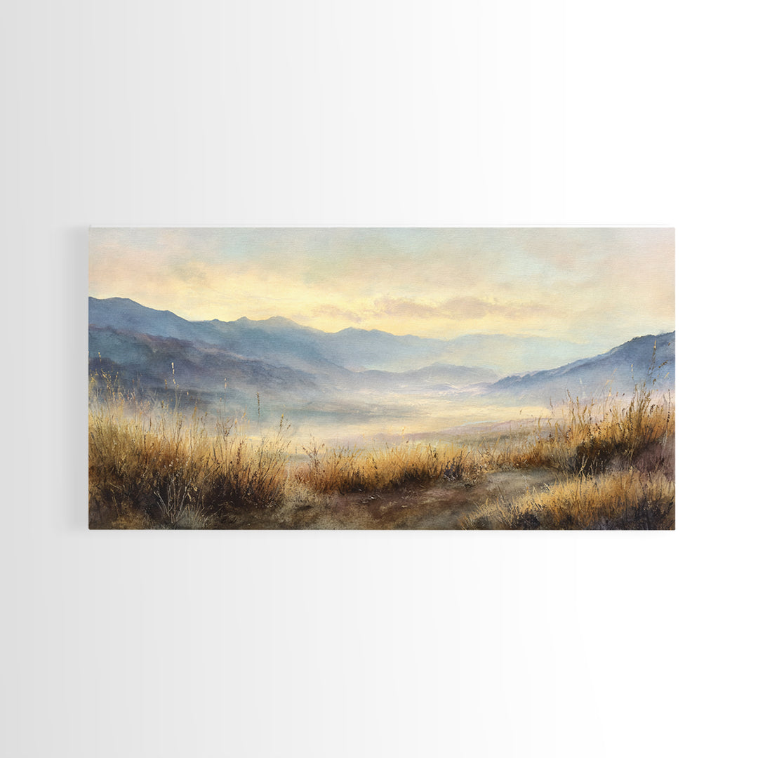 Misty Mountain Valley at Sunrise Framed Canvas Print, Landscape Art, Framed Wall Art, Living Room Decor, Oil Painting, Horizon, LAN-2x1-45