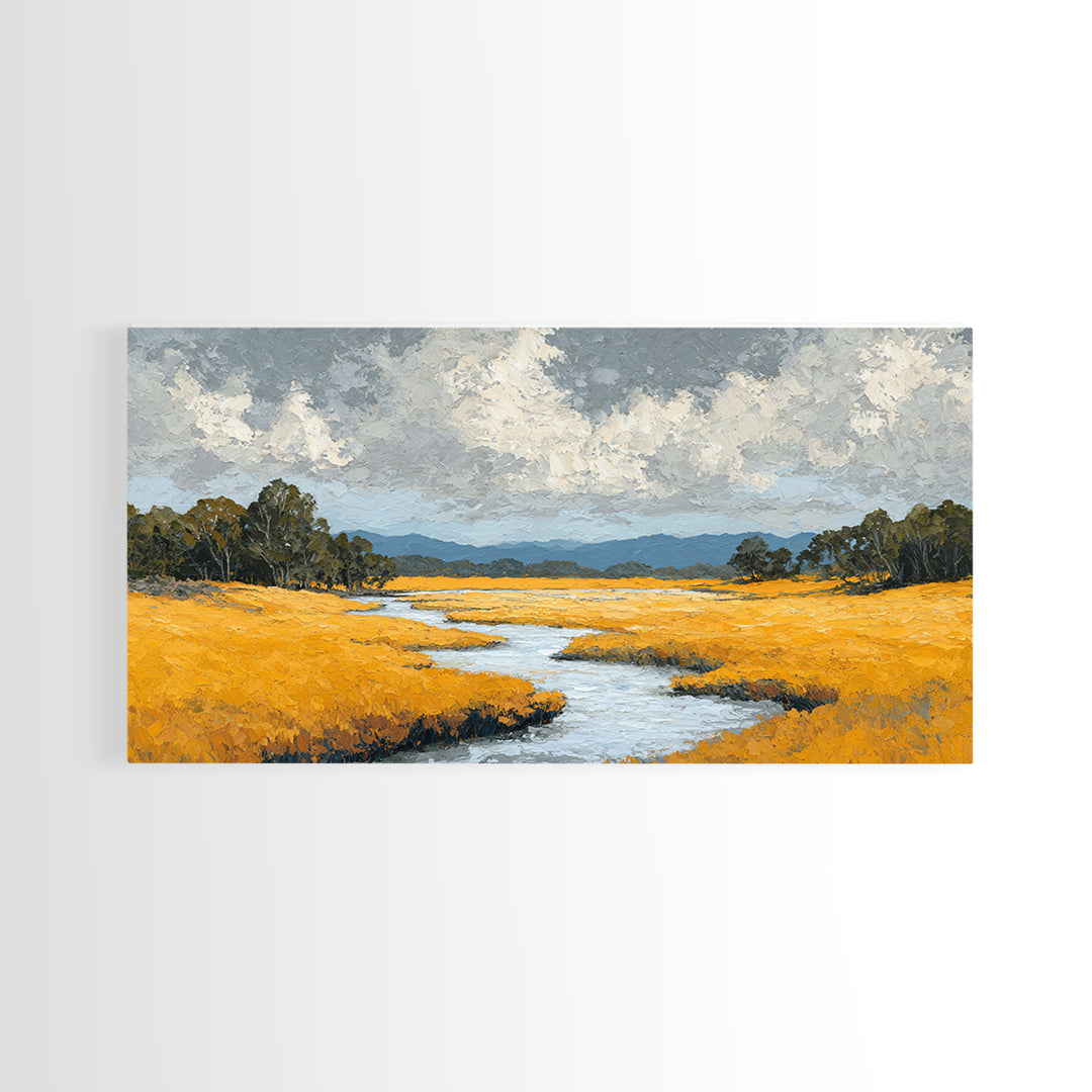 Winding River Through Golden Fields Framed Canvas Print, Landscape Art, Wall Decor, Living Room Decor, Fine Art, Horizon, LAN-2x1-46