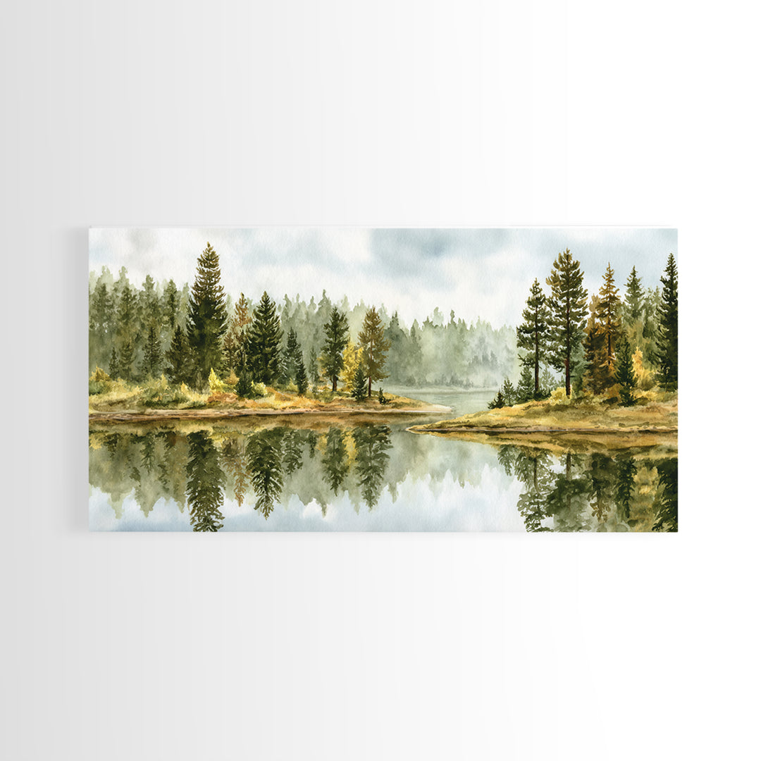 Quiet Lake Reflecting Pine Forest Canvas Print, Landscape Art, Digital Prints, Living Room Decor, Horizon, Farmhouse Decor, LAN-2x1-48