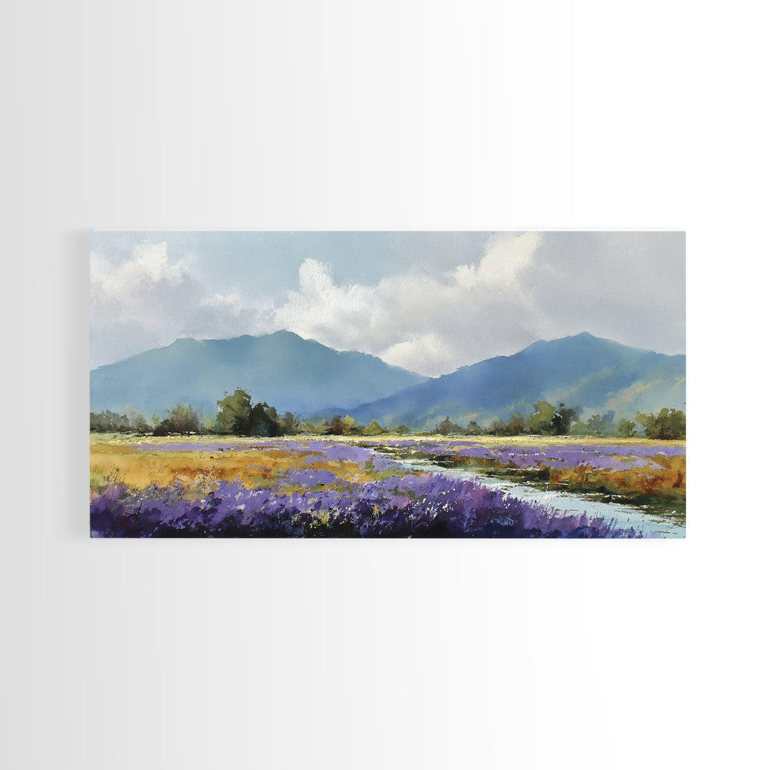 Lavender Field Leading to Distant Hills Canvas Print, Landscape Art, Digital Prints, Living Room Decor, Fine Art, Horizon, LAN-2x1-54