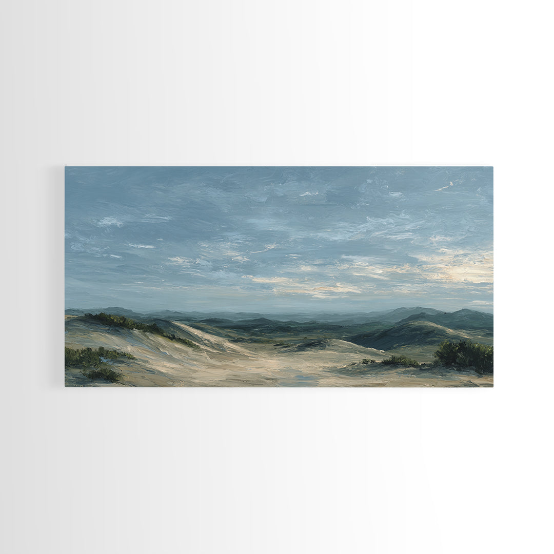 Desert Dunes under Pale Moon Framed Canvas Print, Landscape Art, Farmhouse Decor, Living Room Decor, Fine Art, Horizon, LAN-2x1-55