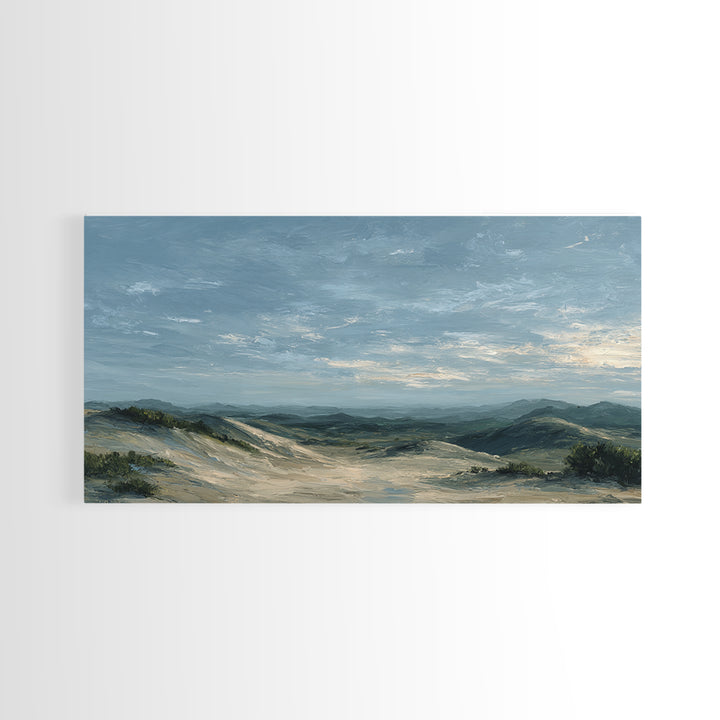 Desert Dunes under Pale Moon Framed Canvas Print, Landscape Art, Farmhouse Decor, Living Room Decor, Fine Art, Horizon, LAN-2x1-55