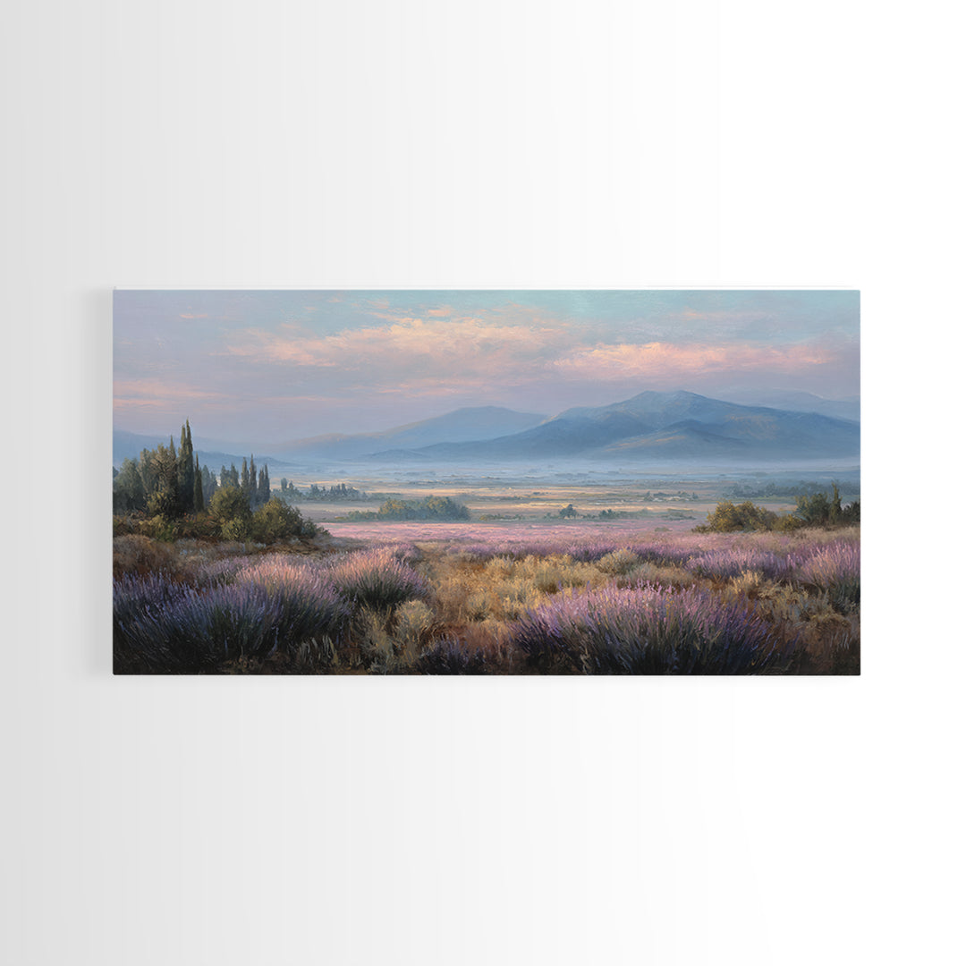 Lavender Field Leading to Distant Hills Framed Canvas Print, Landscape Art, Minimalist Decor, Living Room Decor, Oil Painting, LAN-2x1-6