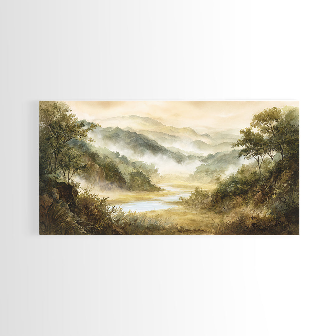 Tropical Jungle Waterfall Framed Canvas Print, Landscape Art, Digital Art, Living Room Decor, Fine Art, Horizon, Boho Wall Art, LAN-2x1-60