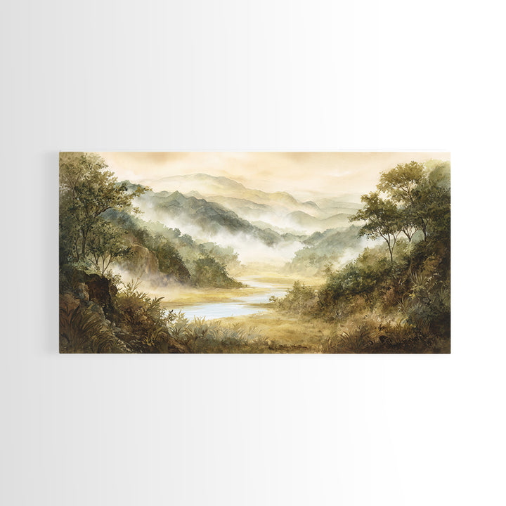 Tropical Jungle Waterfall Framed Canvas Print, Landscape Art, Digital Art, Living Room Decor, Fine Art, Horizon, Boho Wall Art, LAN-2x1-60