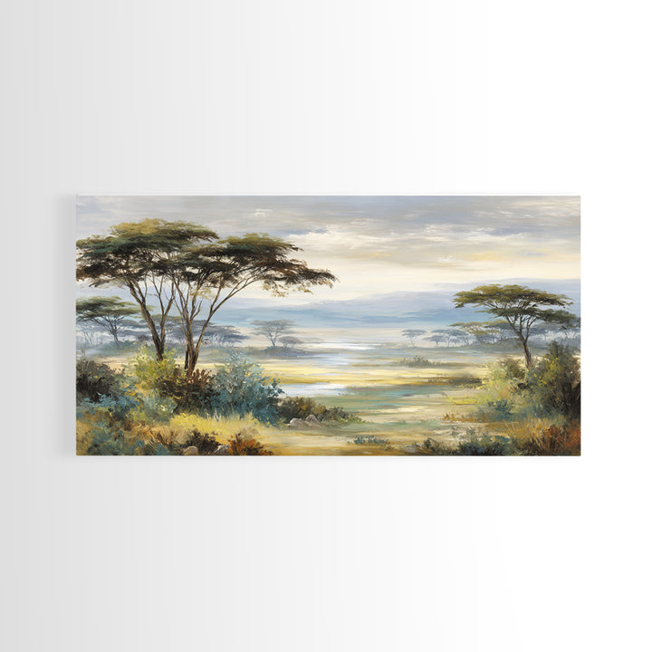 Wide Savanna with Acacia Silhouette Canvas Print, Landscape Art, Abstract Wall Art, Living Room Decor, Fine Art, Horizon, LAN-2x1-63