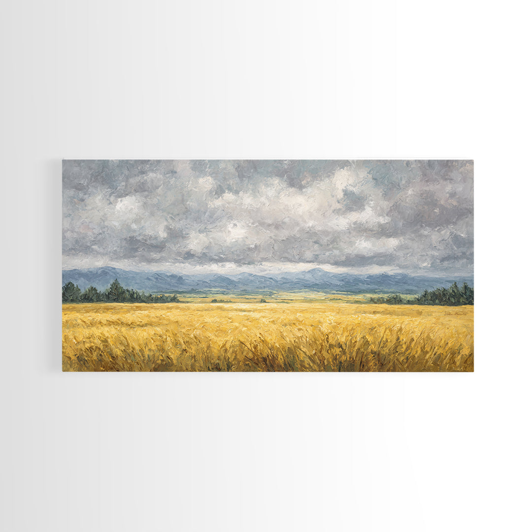 Golden Wheat Field Beneath Huge Clouds Canvas Print, Landscape Art, Original Painting, Living Room Decor, Fine Art, Horizon, LAN-2x1-68