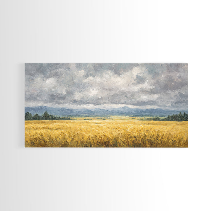 Golden Wheat Field Beneath Huge Clouds Canvas Print, Landscape Art, Original Painting, Living Room Decor, Fine Art, Horizon, LAN-2x1-68