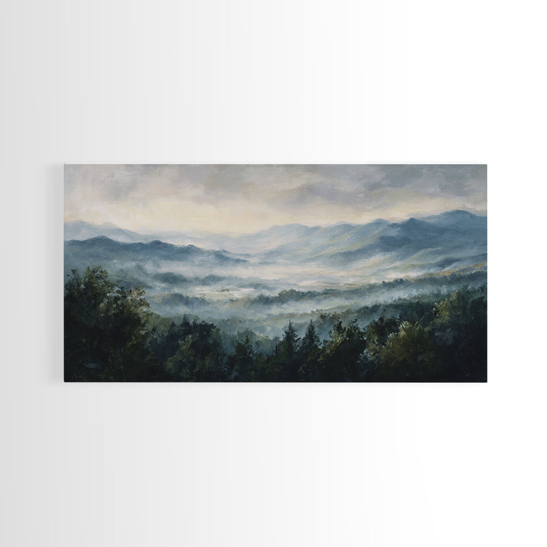 Misty Mountain Valley at Sunrise Canvas Print, Landscape Art, Abstract Wall Art, Living Room Decor, Fine Art, Horizon, LAN-2x1-69