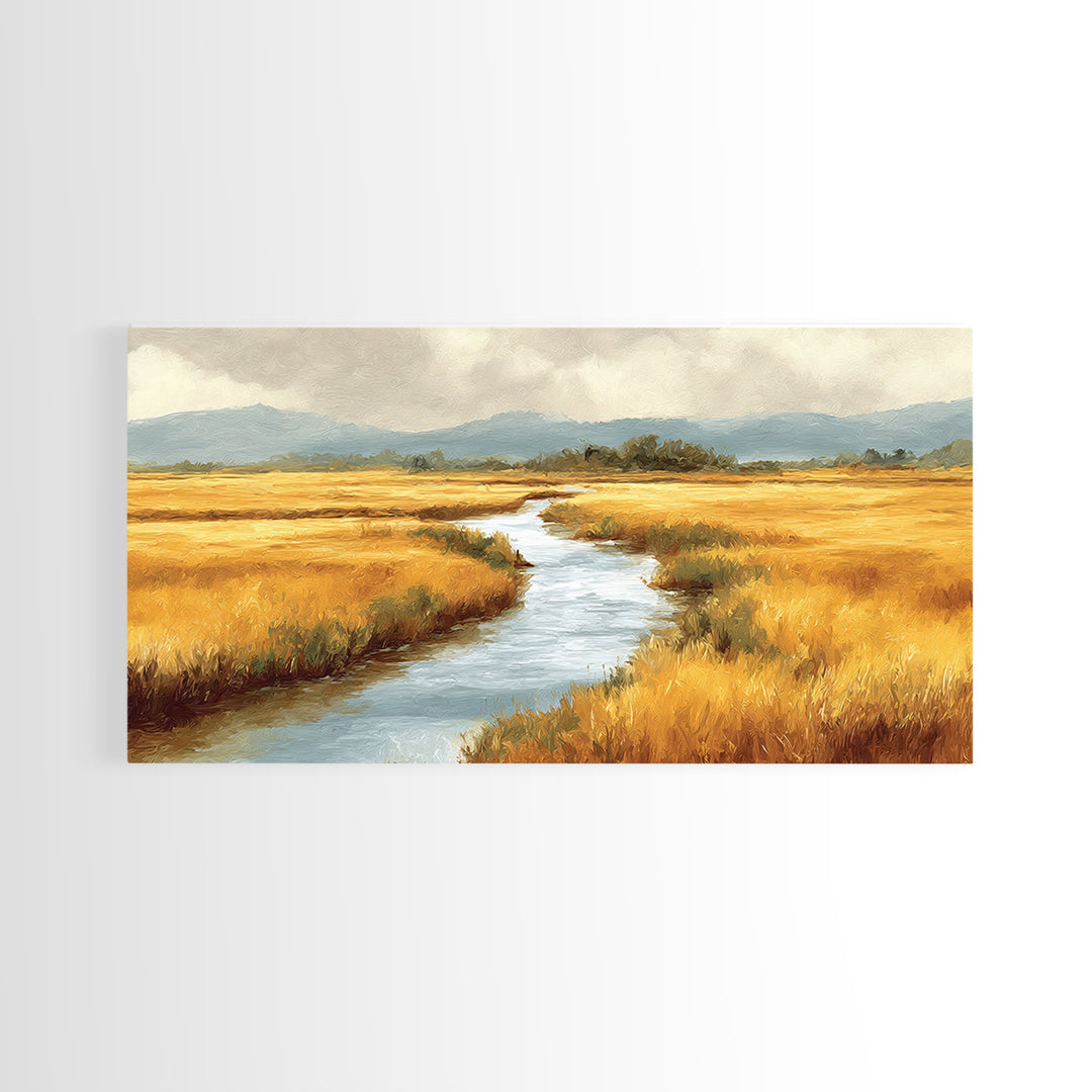 Winding River Through Golden Fields Canvas Print, Landscape Art, Printable Wall Art, Living Room Decor, Oil Painting, Horizon, LAN-2x1-70