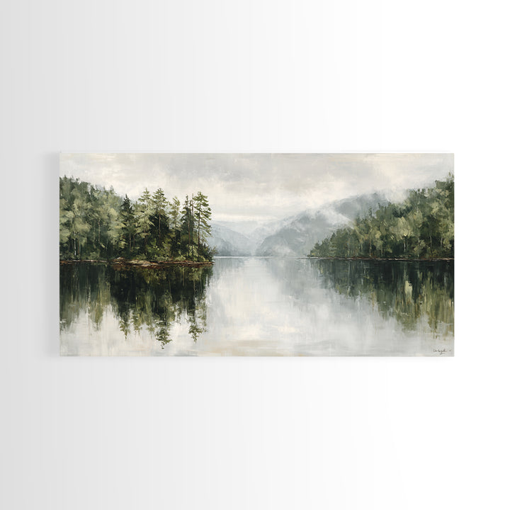 Quiet Lake Reflecting Pine Forest Framed Canvas Print, Landscape Art, Digital Wall Art, Living Room Decor, Fine Art, Horizon, LAN-2x1-72