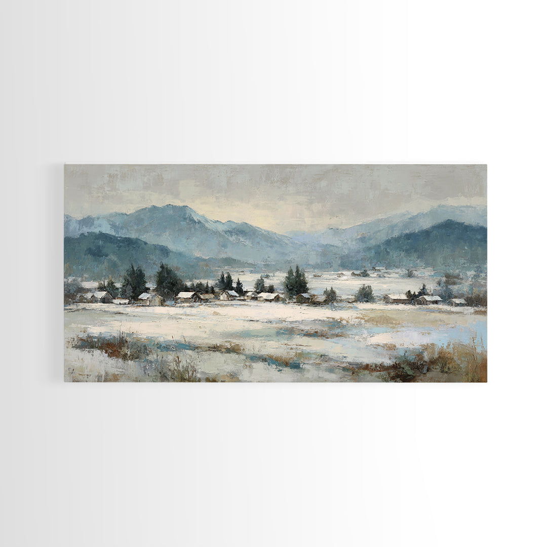 Snow Covered Alpine Village at Dusk Framed Canvas Print, Landscape Art, Room Decor, Living Room Decor, Fine Art, Horizon, LAN-2x1-75
