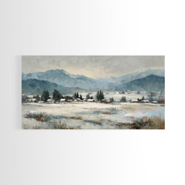 Snow Covered Alpine Village at Dusk Framed Canvas Print, Landscape Art, Room Decor, Living Room Decor, Fine Art, Horizon, LAN-2x1-75