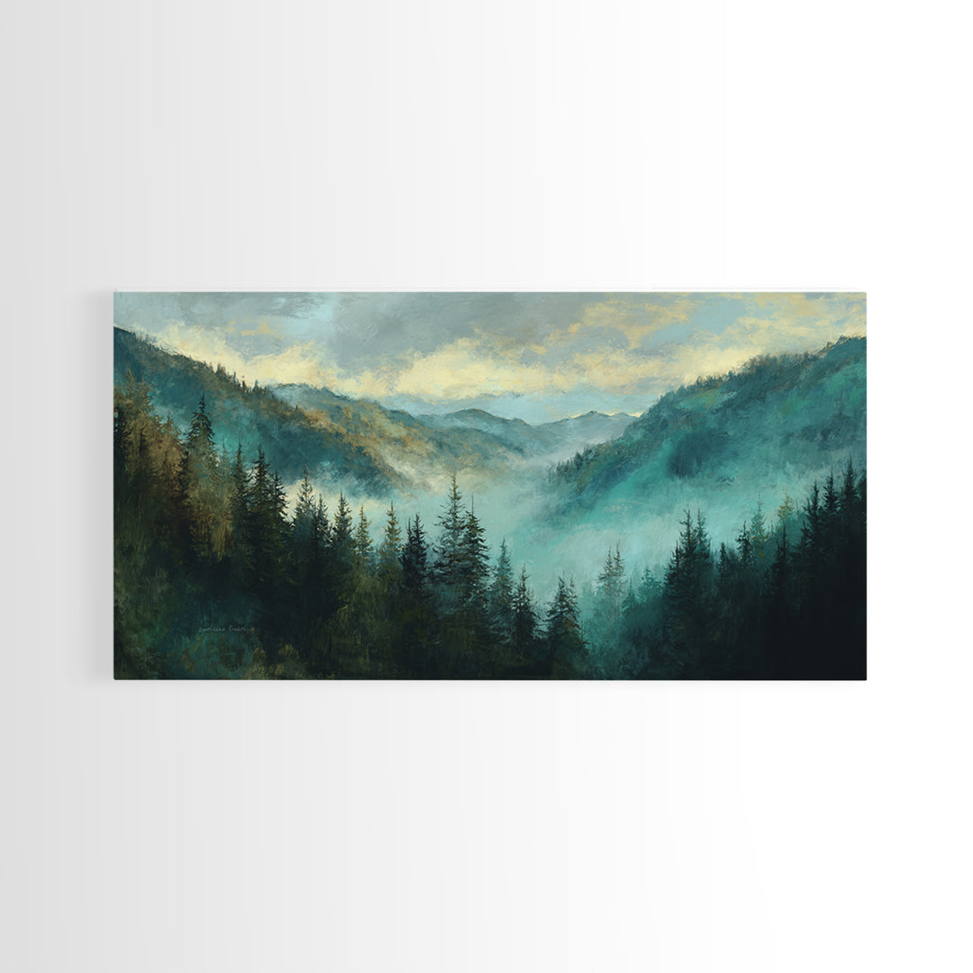 Waterfall Hidden in Dense Forest Framed Canvas Print, Landscape Art, Living Room Decor, Oil Painting, Horizon, Modern Art, LAN-2x1-80
