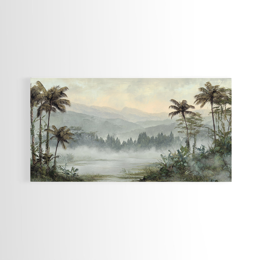 Tropical Jungle Waterfall Framed Canvas Print, Landscape Art, Abstract Wall Art, Living Room Decor, Fine Art, Horizon, LAN-2x1-84