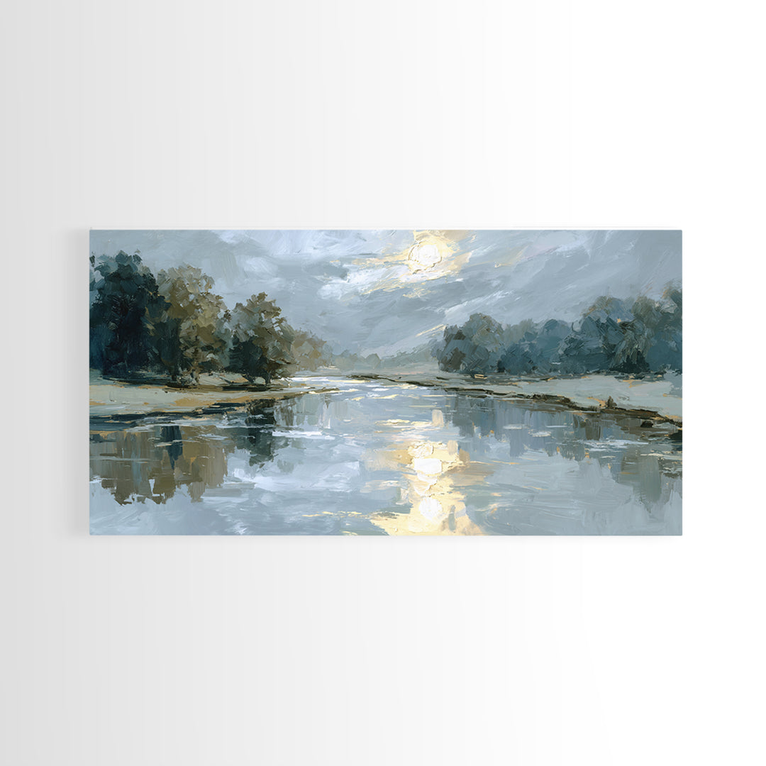 Moonlit River with Silver Reflections Canvas Print, Landscape Art, Living Room Decor, Oil Painting, Horizon, Modern Art, LAN-2x1-89