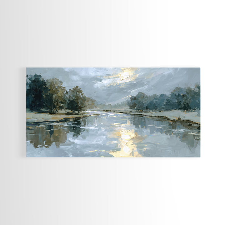 Moonlit River with Silver Reflections Canvas Print, Landscape Art, Living Room Decor, Oil Painting, Horizon, Modern Art, LAN-2x1-89