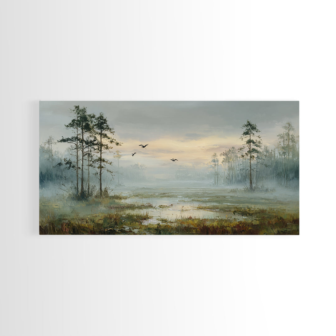 Misty Cypress Swamp Framed Canvas Print, Landscape Art, Digital Art, Living Room Decor, Fine Art, Horizon, Boho Wall Art, LAN-2x1-90