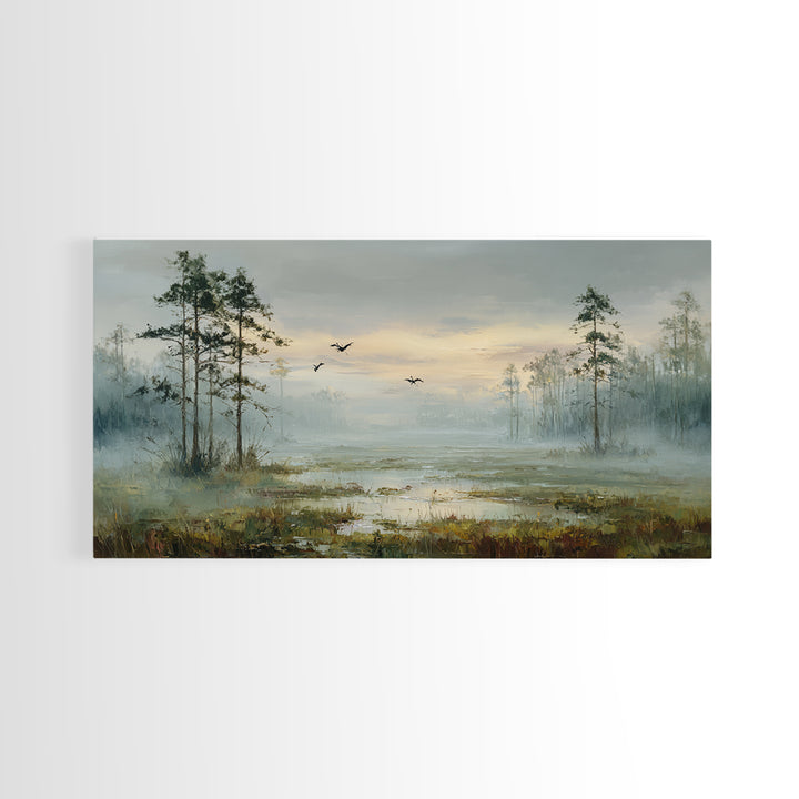 Misty Cypress Swamp Framed Canvas Print, Landscape Art, Digital Art, Living Room Decor, Fine Art, Horizon, Boho Wall Art, LAN-2x1-90