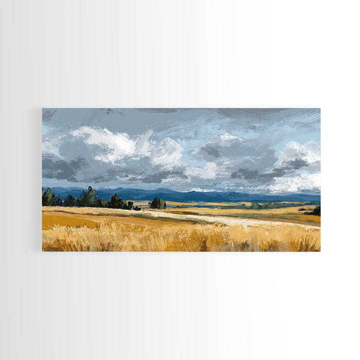 Golden Wheat Field Beneath Huge Clouds Framed Canvas Print, Landscape Art, Digital Print, Living Room Decor, Fine Art, Horizon, LAN-2x1-92