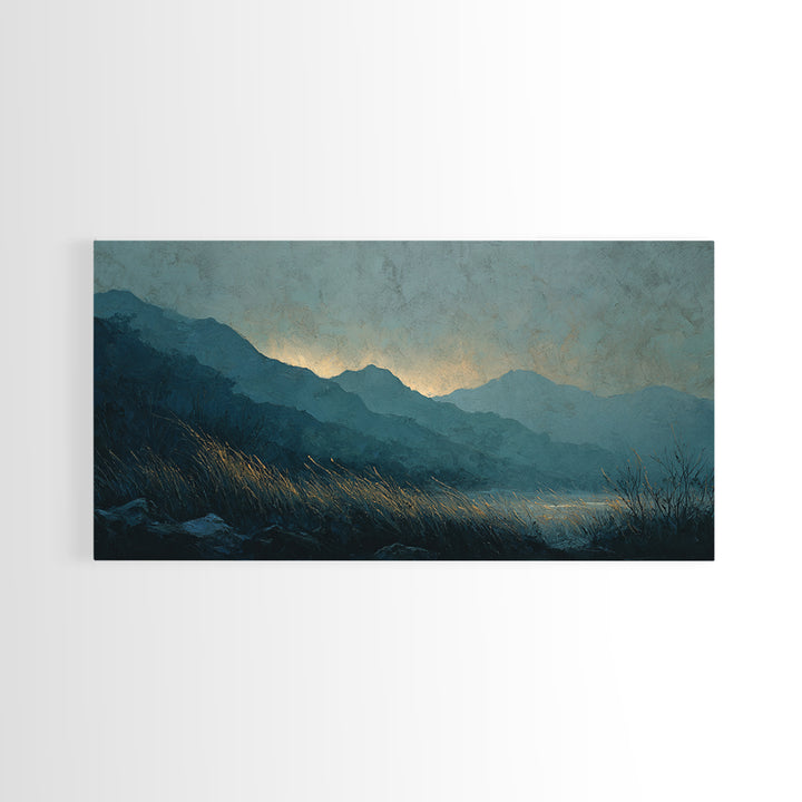 Misty Mountain Valley at Sunrise Canvas Print, Landscape Art, Abstract Wall Art, Living Room Decor, Fine Art, Horizon, LAN-2x1-93