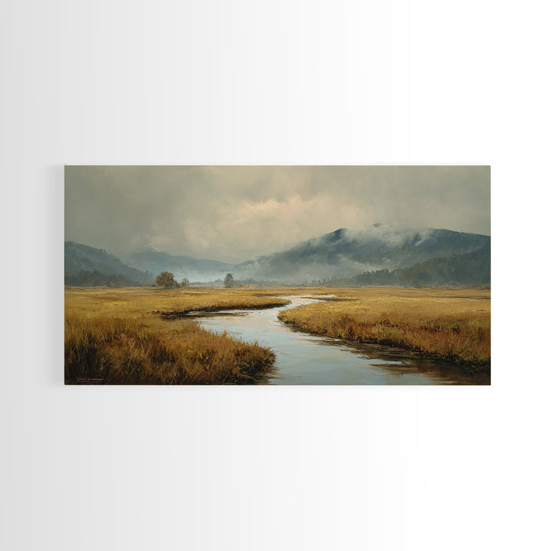 Winding River Through Golden Fields Canvas Print, Landscape Art, Printable Wall Art, Living Room Decor, Oil Painting, Horizon, LAN-2x1-94