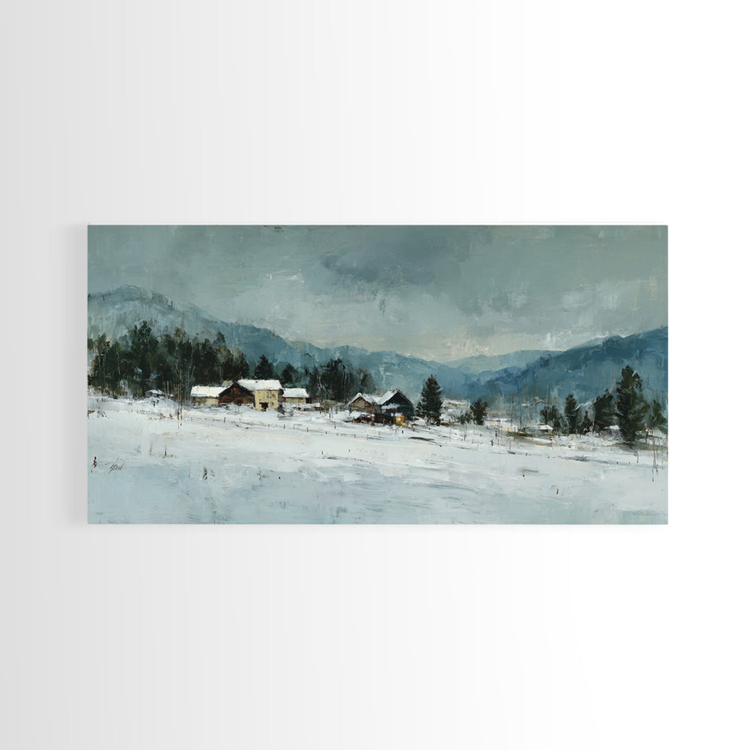 Snow Covered Alpine Village at Dusk Framed Canvas Print, Landscape Art, Abstract Wall Art, Living Room Decor, Fine Art, Horizon, LAN-2x1-99