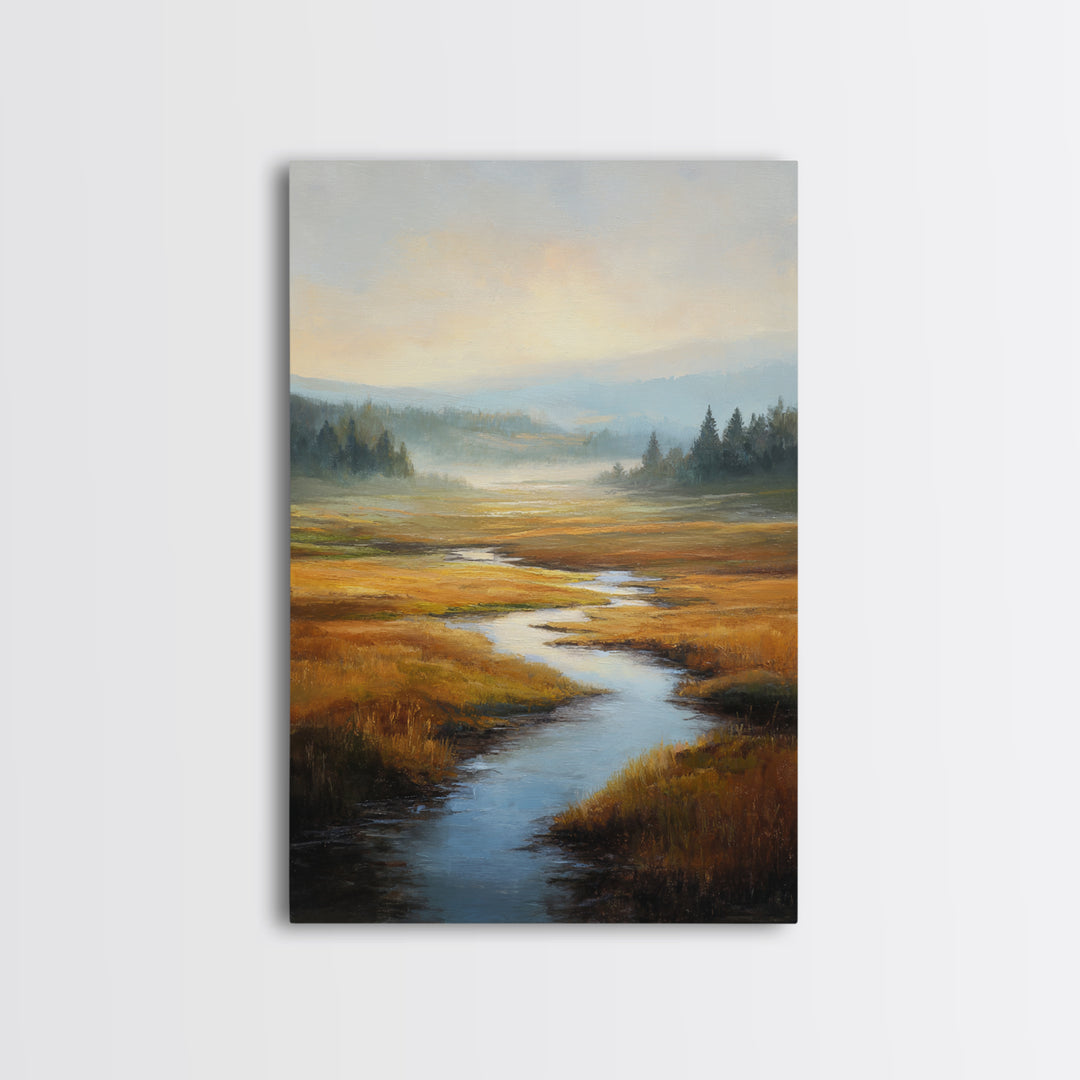 Winding River Through Golden Fields Canvas Print, Landscape Art, Contemporary Art, Living Room Decor, Fine Art, Horizon, LAN-2x3-10