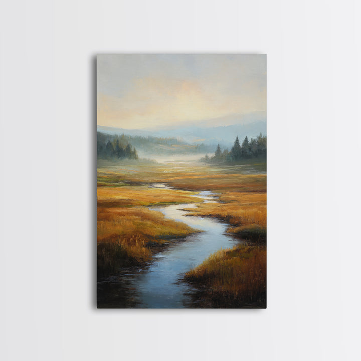 Winding River Through Golden Fields Canvas Print, Landscape Art, Contemporary Art, Living Room Decor, Fine Art, Horizon, LAN-2x3-10