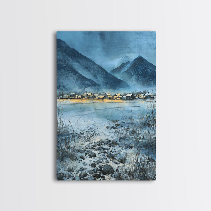 Snow Covered Alpine Village at Dusk Canvas Print, Landscape Art, Minimalist Decor, Living Room Decor, Oil Painting, Horizon, LAN-2x3-15