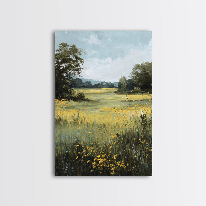 Sunlit Meadow with Wildflowers Framed Canvas Print, Landscape Art, Digital Art, Living Room Decor, Fine Art, Horizon, LAN-2x3-21