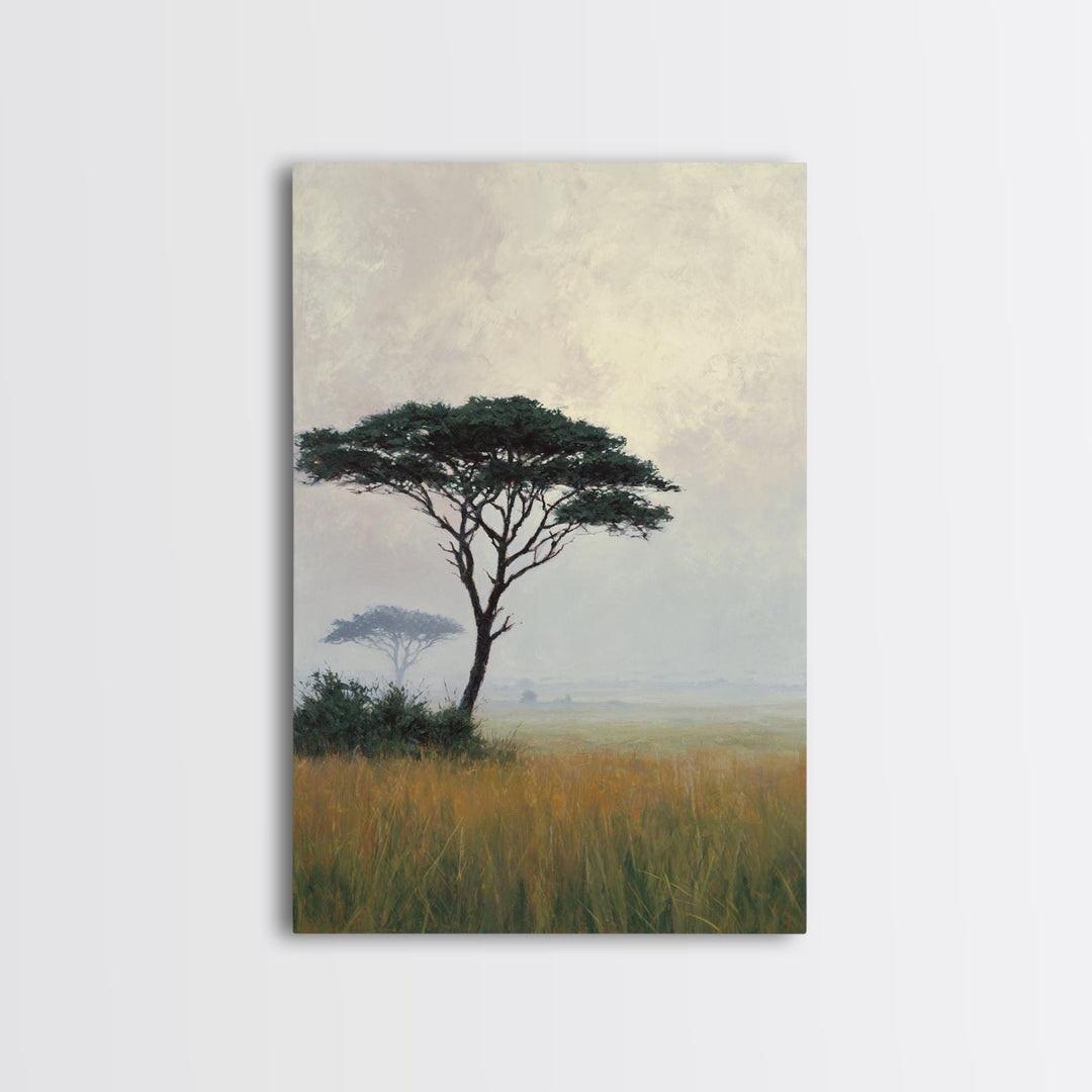 Wide Savanna with Acacia Silhouette Framed Canvas Print, Landscape Art, Room Decor, Living Room Decor, Fine Art, Horizon, LAN-2x3-3