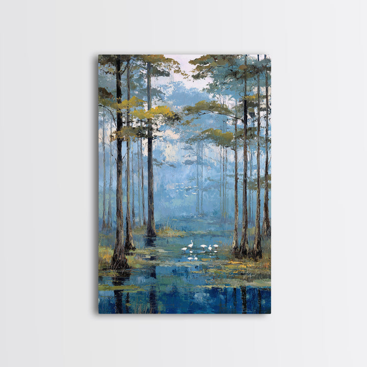 Misty Cypress Swamp Framed Canvas Print, Landscape Art, Minimalist Decor, Living Room Decor, Oil Painting, Horizon, LAN-2x3-30