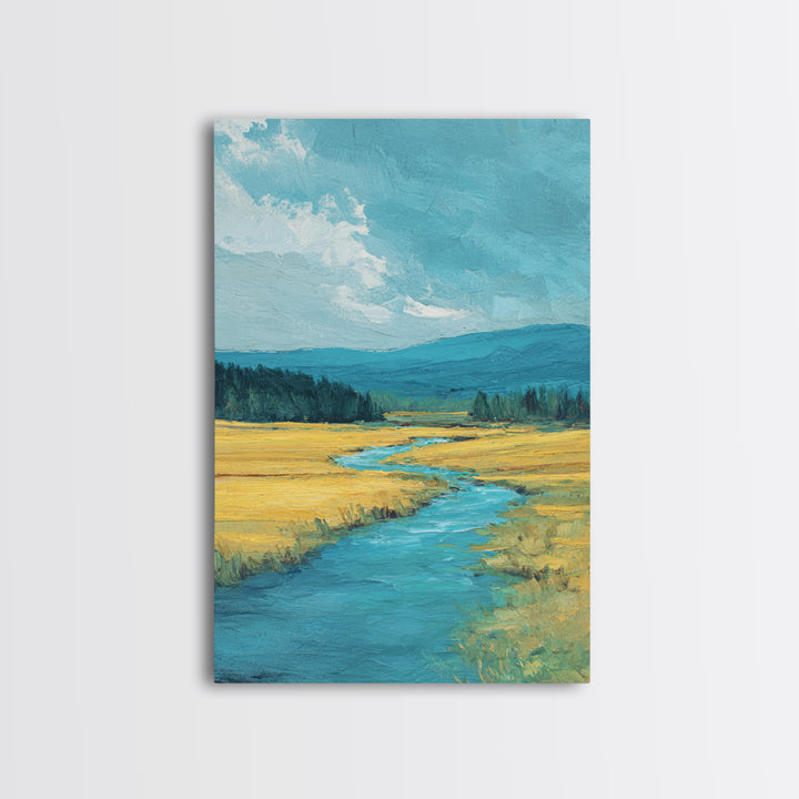 Winding River Through Golden Fields Framed Canvas Print, Landscape Art, Art Prints, Living Room Decor, Fine Art, Horizon, LAN-2x3-34